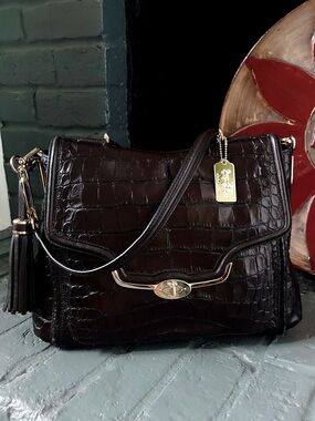 COACH RARE, HTF, LTD ED, LUX LG MADISON CROC-EMBOSSED SADIE FLAP SATCHEL